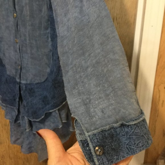 Minkas multi media button front long blouse blue with layers and embroidery - Picture 4 of 8